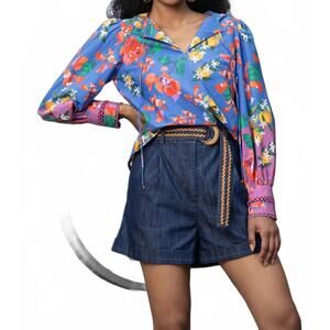 NEW EMILY LOVELOCK eva floral long sleeve top in amparo blue